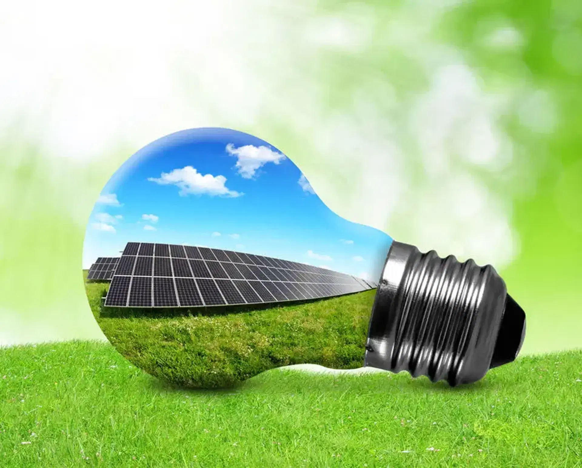 A lightbulb reflecting solar panels